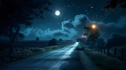 Wall Mural - A dark road with a full moon in the sky