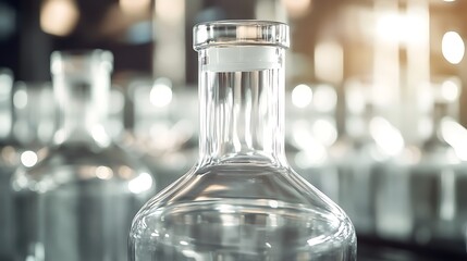 Poster - Pristine Glass Bottle Close-Up with Light Reflections on Production Line