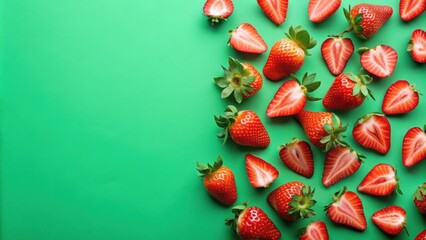 Poster - Sliced strawberries scattered on green background wallpaper, strawberry, sliced, red, fruit, juicy, vibrant, decoration