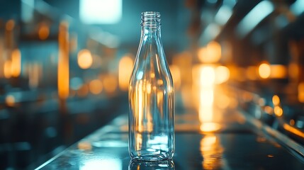 Poster - Pristine Glass Bottle Close-Up with Light Reflections on Production Line