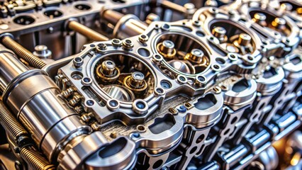 Poster - Closeup of engine head showing intricate detail and design, engine, automotive, metal, machinery, part, technology