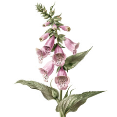 Wall Mural - Detailed illustration of a pink foxglove flower with green leaves.