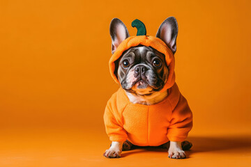 French bulldog puppy wearing a pumpkin costume sitting on an orange background