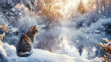 Wall Mural - The cold season scenery with a cat view in the snowy wildlife scene