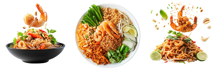 Set off floating Pad Thai food isolated on a transparent background