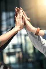 Fototapete - Motivation, business people and hands in office for high five, team or celebrate for corporate project. Flare, employees or managers in collaboration for achievement, success or support for well done