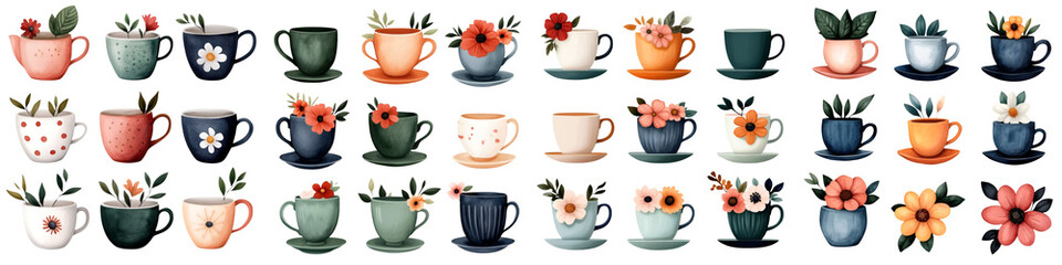 Wall Mural - Cute Watercolor Floral Teacups Clipart for Your Next Project!