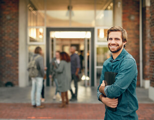 Aufkleber - Portrait, outdoor or art student in university for opportunity, future or study in college campus. Confident, happy man or proud person with smile or portfolio for school, education or scholarship