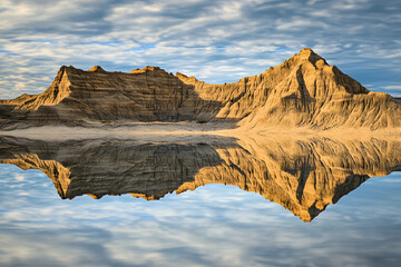 Canvas Print - Perfect reflection of the detailed ridges of badlands in still water, creating a symmetrical visual illusion of this rugged landscape under a cloud-speckled sky