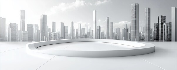 Modern city skyline with futuristic white curved platform and skyscrapers