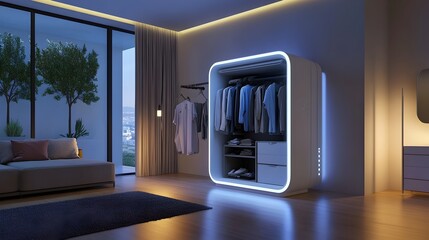 Futuristic Bedroom Wardrobe with Smart LED Lighting and Panoramic City View