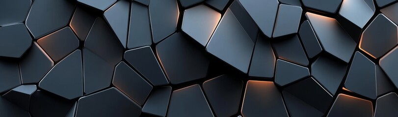 Poster - background of abstract black crystals, faceted texture, macro panorama, and wide panoramic wallpaper