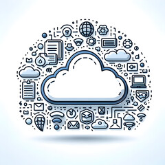 Wall Mural - 3D flat cloud service icon on blue background with text space, ideal for business plans and cloud management strategies. Doodle cartoon style.