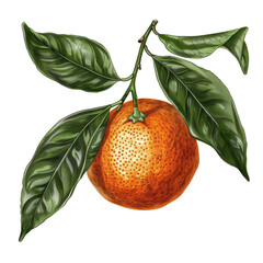 Wall Mural - Hand-drawn illustration of a single orange with green leaves.