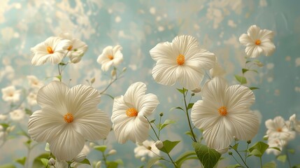 Wall Mural - Delicate white hibiscus flowers blooming in soft natural light against a pale blue background