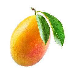 Wall Mural - Ripe yellow mango with green leaves isolated on white.