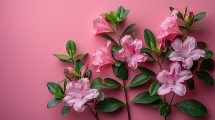 Wall Mural - Pink azalea blossoms with green leaves arranged on a pastel pink background