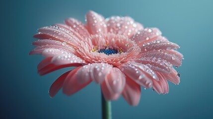 Wall Mural - Pink gerbera daisy with droplets on petals against a soft blue background