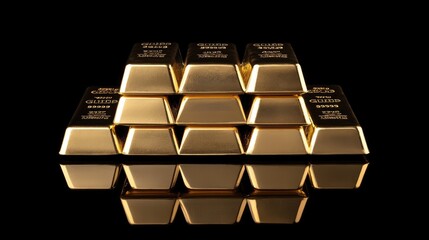 Gold bullion bars stacked neatly on a reflective black surface, symbolizing wealth and security. Great for financial and investment-related content.