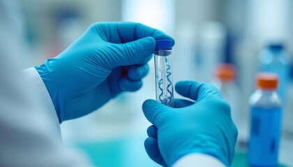 Wall Mural -  Precision in Science  Hand holding a test tube with a blue liquid