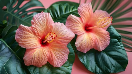 Wall Mural - Pink hibiscus flowers surrounded by green leaves placed on a light pink background