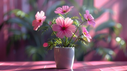 Wall Mural - Beautiful pink flowers in a white pot on a table with soft natural light during the afternoon