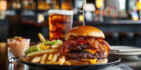 Bacon double cheeseburgers and fries paired with drinks on a bar