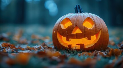 A glowing jack-o'-lantern among fallen leaves during Halloween evening in a dimly lit forest