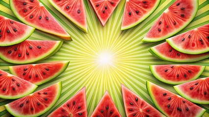 Poster - Watermelon slices arranged in a sunburst pattern, showcasing creativity, watermelon, fruit, slices, sunburst, pattern