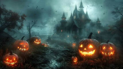 Spooky Halloween night with carved pumpkins in front of an eerie castle