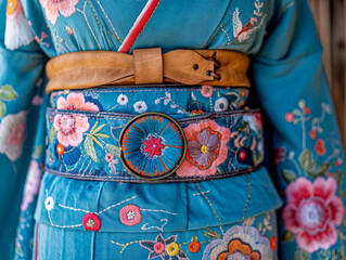 Wall Mural - A woman is wearing a blue kimono with a floral pattern. The belt is brown and has a flower design