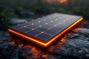 Mobile small solar panel glows orange, generating renewable energy in natural conditions on stones. Portable energy source. Modern solar power technology, eco friendly electricity production