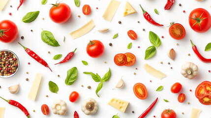 Tomato Basil & Cheese: A vibrant and appetizing flat lay showcasing fresh tomatoes, basil leaves, chili peppers, cheese, and peppercorns arranged on a white background, creating a visually appealing a