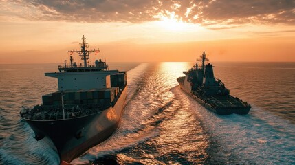 A container ship alongside a navy vessel, highlighting the coexistence of commercial and military maritime operations.