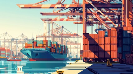 A container ship docked at a bustling international port, with cranes and cargo containers in constant motion.