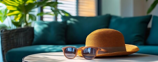 Straw Hat and Sunglasses on a Table in Front of a Teal Couch Photo