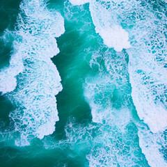 Sticker - Aerial view beautiful of sea waves from drone. Stock image of blue color of ocean water, sea surface. Top view on turquoise waves, clear water surface texture.