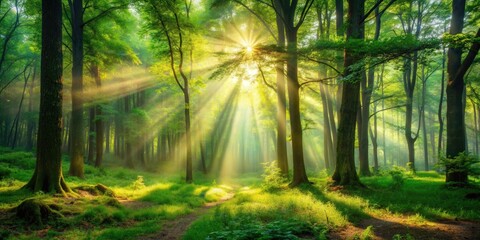 Poster - Lush forest with sunlight filtering through the trees, creating a magical and vibrant scene, nature, forest, sunbeam, trees