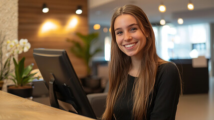 Wall Mural - Portrait of smiling woman receptionist at desk in lobby