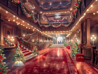 Wall Mural - A large room with a red carpet and a staircase. The room is decorated with Christmas trees and lights