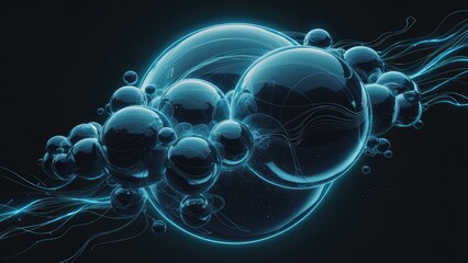 Poster - Abstract blue bubbles on a dark background representing technology and digital interfaces