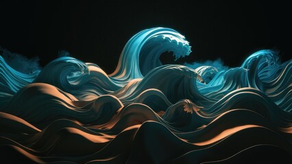 Poster - Abstract swirling blue and orange waves against a dark backdrop