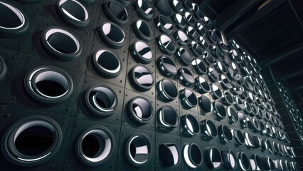 Poster - Abstract blurred image featuring numerous circular holes in a black steel wall The design showcases curved lines and circular white holes with dark outlines creating a decorative ef