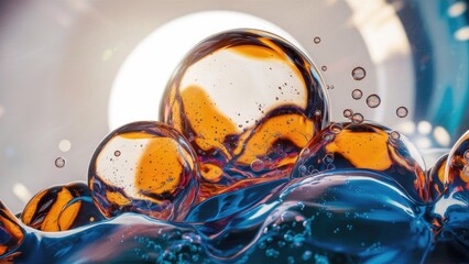Poster - Closeup view of vibrant water bubbles rising against a bright backdrop showcasing liquid bubbles with embedded molecules that reveal their essence