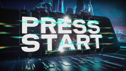 Fototapete - 3D Rendered Press Start Text with Technological Failure Screen Effects and Glitch Interference
