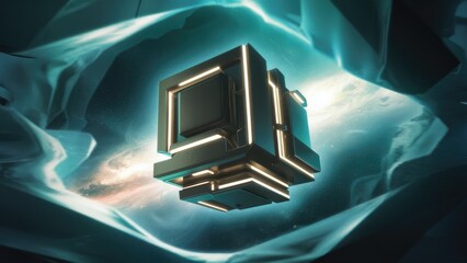 Poster - Futuristic 3D Rendering of a Floating Cube in Abstract Space SciFi Design with an Ethereal Background 3D Illustration