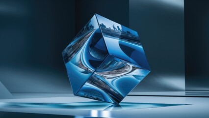 Poster - Elegant Blue Glass Cube with Reflections and Refractions  Modern 3D Abstract Rendering with HighQuality Aesthetics