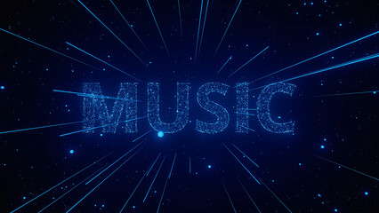 Colorful particles form the word music, radiating outward in a dynamic display against a dark backdrop.