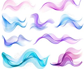 Abstract vector wavy design elements set on white background, colorful lines, vector illustration, colorful waving shapes, blue and purple color waves, soft gradient effect, vector wisp, white backgro