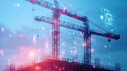 Double exposure image: Construction cranes and digital tech icons, highlighting innovative engineering solutions.